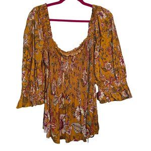 Anthropologie Conditions Apply Women's Yellow Floral Smocked Boho Top Size 1X